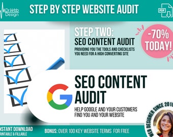 May include: A green, red, and blue Google logo with the text "SEO Content Audit" in large, bold, black letters. The text "Help Google and your customers find you and your website" is below the logo in smaller black letters. The text "Step Two: SEO Content Audit" is in the upper right corner of the image. The text "Providing you the tools and checklists you need for a high converting site" is below the text "Step Two: SEO Content Audit". The text "-70% Today!" is in a pink circle in the upper right corner of the image. The text "Instant Download Printable & Fillable" is in the lower left corner of the image. The text "Bonus: Over 100 Key Website Terms for Free" is in the lower right corner of the image. The text "Web Designer Since 2015" is in a circle in the lower right corner of the image.