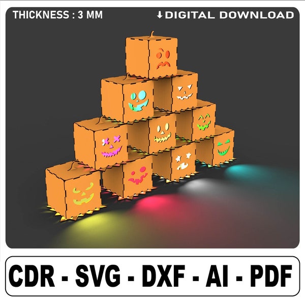 Halloween Lantern SVG, 10 different Pumpkins Face in the File, halloween lights, decoration Halloween Lamp SVG,100x100x100 mm Laser Files
