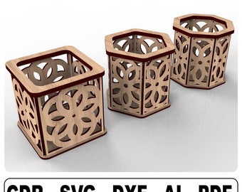 Pencil Holder Laser Cut Files,Tealigt Holder Laser Files, 3 Different Shapes Mandala Patterned, Laser cut Tealigt, Laser Cut Pencil Holder