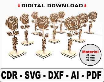 Fichiers Svg découpés au laser pour la fête des Mères, 3 roses différentes, roses pour la fête des Mères, maman, mère, fichiers vectoriels pour la découpe laser du bois