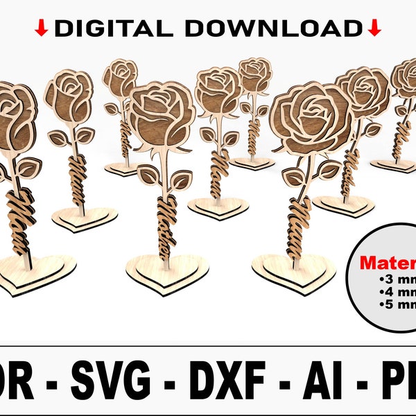 Fichiers Svg découpés au laser pour la fête des Mères, 3 roses différentes, roses pour la fête des Mères, maman, mère, fichiers vectoriels pour la découpe laser du bois