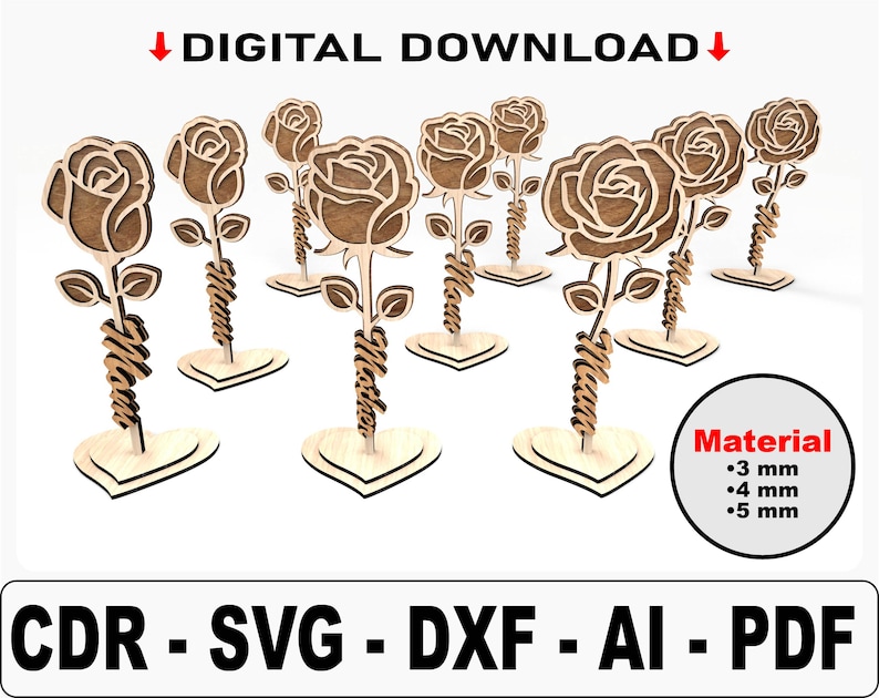 May include: Digital download of a laser cut rose design. The design is available in CDR, SVG, DXF, AI, and PDF formats. The rose is made of wood and can be cut from 3mm, 4mm, or 5mm thick material.