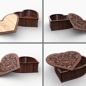 May include: A wooden heart-shaped box with a lid featuring a delicate floral design. The box is closed in one image and open in the other, revealing the interior.