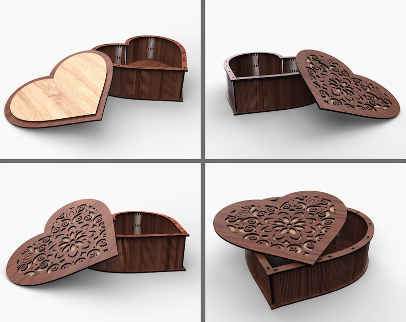 May include: A wooden heart-shaped box with a lid featuring a delicate floral design. The box is closed in one image and open in the other, revealing the interior.
