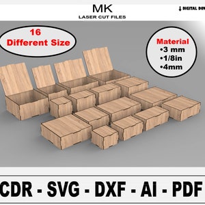 Laser Cut Box With Flip Up Lid SVG Files, 16 Different Size Storage Box,3 Different Material Thickness , Laser Cut Files, Glowforge SVG