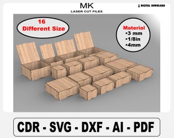 Laser Cut Box With Flip Up Lid SVG Files, 16 Different Size Storage Box,3 Different Material Thickness , Laser Cut Files, Glowforge SVG