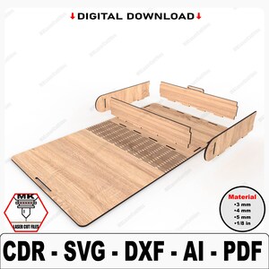 May include: A laser cut file design for a wooden box with a lid. The design includes a base, lid, and sides. The file is available in CDR, SVG, DXF, AI, and PDF formats. The design is for a box that is approximately 1/8 inch thick.