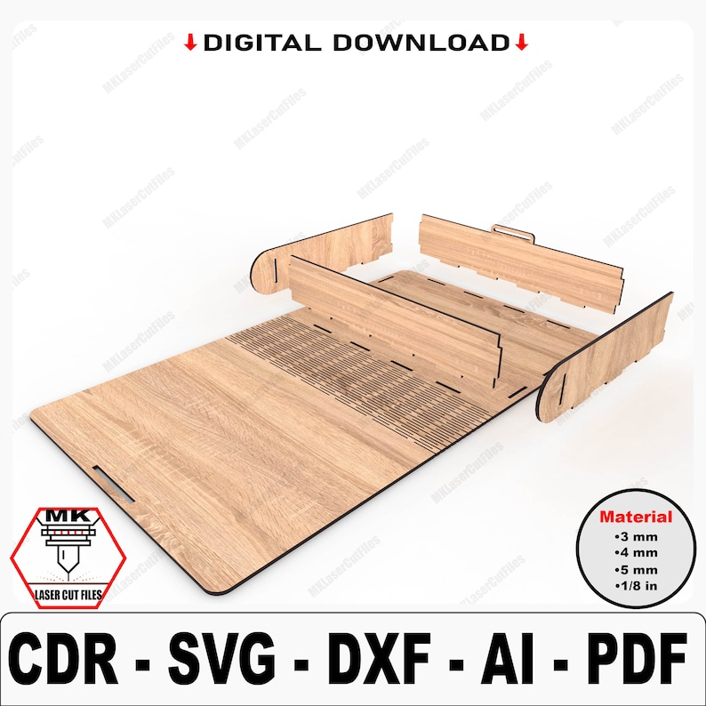 May include: A laser cut file design for a wooden box with a lid. The design includes a base, lid, and sides. The file is available in CDR, SVG, DXF, AI, and PDF formats. The design is for a box that is approximately 1/8 inch thick.