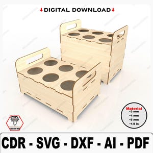 May include: Two wooden bottle holders with handles and six circular cutouts for bottles. The holders are made of light brown wood and are stacked on top of each other. The text "Material" is listed with the following measurements: 3 mm, 4 mm, 5 mm, and 1/8 in.