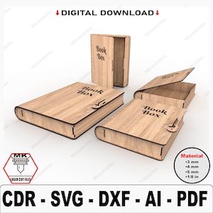 May include: Laser cut file design for a book-shaped box. The design includes a hinged lid and a latch. The box is labeled "Book Box". The image shows three different views of the box. The file is available in CDR, SVG, DXF, AI, and PDF formats. The material thickness options are 3 mm, 4 mm, 5 mm, and 1/8 inch.