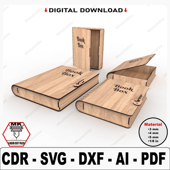 Book Box SVG Laser Cut File, 2 Sizes, Wooden Keepsake Box Plan for