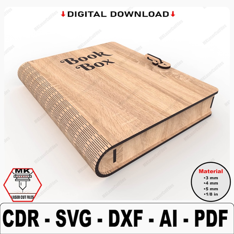 May include: A laser cut file design for a wooden book box. The box is closed and has a wooden texture. The lid has the words "Book Box" written on it. The design is available in CDR, SVG, DXF, AI, and PDF formats. The file is for digital download only. The design is for a 3mm, 4mm, 5mm, or 1/8 inch thick material.