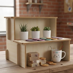 May include: A two-tiered, light-coloured wooden shelf unit. The top shelf holds three small potted succulents and colourful coasters. The lower shelf displays stacked soaps, dried orange slices, and a cat-faced mug with sticks.