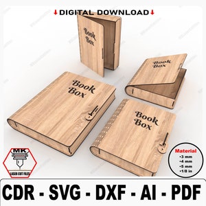 File di taglio laser in formato SVG per scatole di libri, 2 diverse dimensioni di file di archiviazione in formato SVG per scatole di libri in legno, scatola di scorta Glowforge XTool, scatola dei ricordi, regali per la festa della mamma