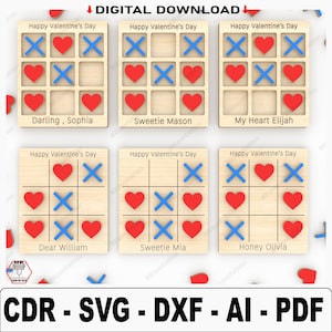 Archivos SVG cortados con láser para el juego de tres en raya del Día de San Valentín, juego de aula personalizado para San Valentín, regalo perfecto para amantes, tablero de juego para mesa de café