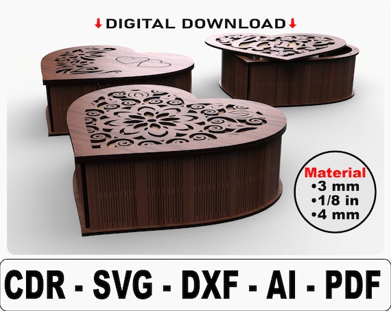 Heart Shaped Box SVG Files for Laser Cutting, 3 Beautiful Lid Design Options, Perfect Jewelry or Keepsake Box for Valentine’s Day Gift.