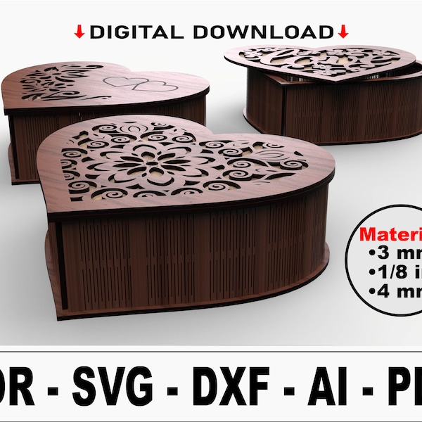 Heart Shaped Box Svg Laser Cut Files  | 3 Different Lid patterns | Heart Box Svg Files For Laser Cutting  | Jewelry Box Mothers Day Gifts