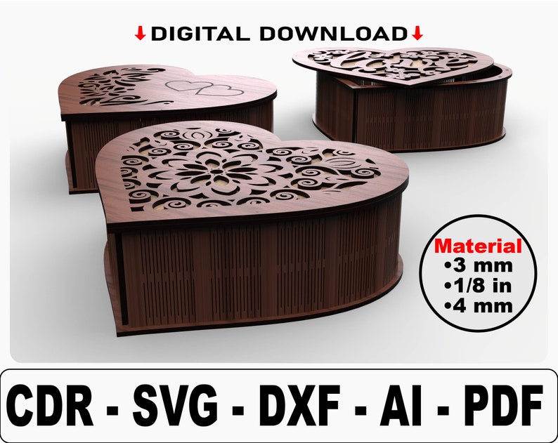May include: A laser cut wooden heart-shaped box with a lid. The box has intricate floral designs and two hearts carved into the lid. The box is made of 3 mm thick wood. The image includes the text "DIGITAL DOWNLOAD" and "Material: 3 mm, 1/8 in, 4 mm".