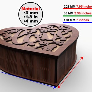 May include: A heart-shaped wooden box with a cutout design of the word "love" and floral accents. The box is 7.95 inches wide, 7 inches tall, and 2.36 inches deep. The box is made of 3 mm thick wood.