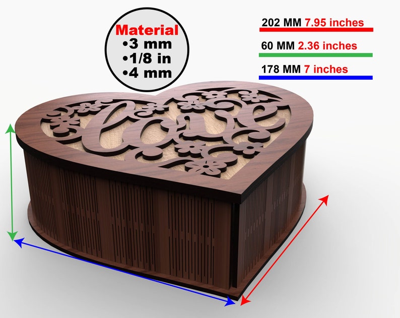May include: A heart-shaped wooden box with a cutout design of the word "love" and floral accents. The box is 7.95 inches wide, 7 inches tall, and 2.36 inches deep. The box is made of 3 mm thick wood.