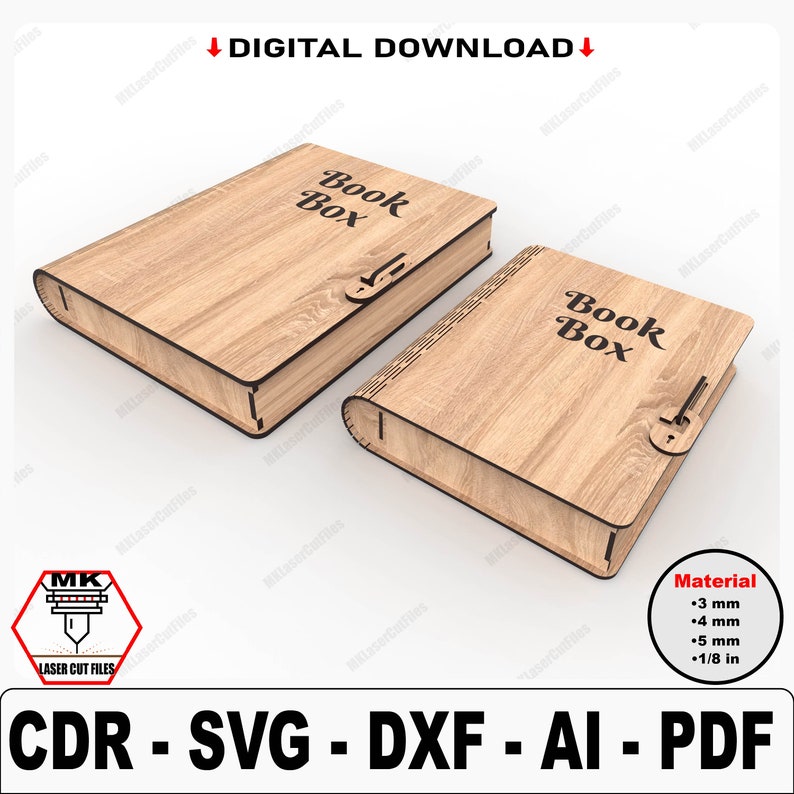 May include: Two wooden book boxes with a hinged lid and a latch. The boxes are made of light brown wood and have the words "Book Box" engraved on the front. The boxes are designed to be cut out using a laser cutter. The image includes a list of materials that can be used to make the boxes, including 3 mm, 4 mm, 5 mm, and 1/8 inch thick wood.