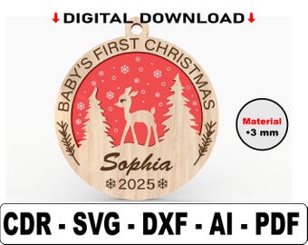 Baby First Christmas Ornament Laser Cut Files, Winter Deer Ornament, Christmas Ornament SVG,Multi Layer Laser Cut, baby first christmas
