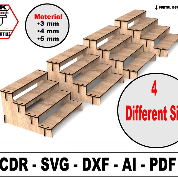 Archivos Svg de soporte de exhibición de corte láser, 4 tamaños diferentes, soporte de exhibición minorista, archivos vectoriales de soporte de exhibición de 4 estantes para corte por láser de madera