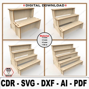 2-3-4-5-tier displaystandaard SVG, lasergesneden bestand voor retail toonbankdisplay, leveranciersshow, beursstand, marktdisplaybestand