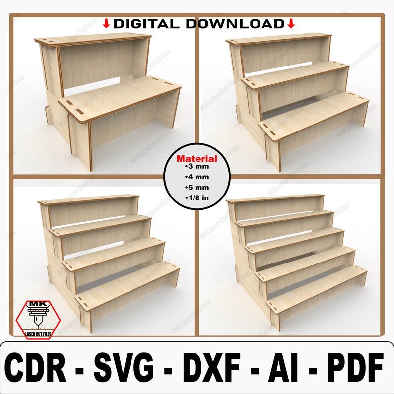 K&ouml;nnte beinhalten: Digitaler Download einer Laser-Schnittdatei f&uuml;r einen dreistufigen Holz-Pr&auml;sentationsst&auml;nder. Der St&auml;nder ist aus 3 mm, 4 mm und 5 mm Sperrholz gefertigt. Die Datei ist in den Formaten CDR, SVG, DXF, AI und PDF verf&uuml;gbar.