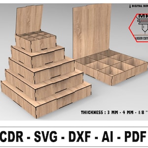 5 tailles différentes avec couvercle rabattable, fichiers Svg découpés au laser, fichiers de boîte de rangement, fichiers vectoriels pour découpe laser, Glowforge, boîte à charnière svg