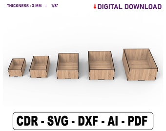 Paquete de archivos SVG para cajas de almacenamiento de madera cortadas con láser, 5 tamaños, descarga digital