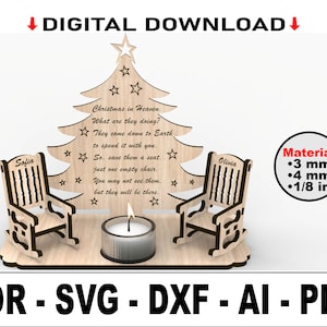 Archivo cortado con láser de mecedora de Navidad en el cielo, vela conmemorativa SVG, portavelas conmemorativo, en memoria, regalo de recuerdo, árbol de Navidad