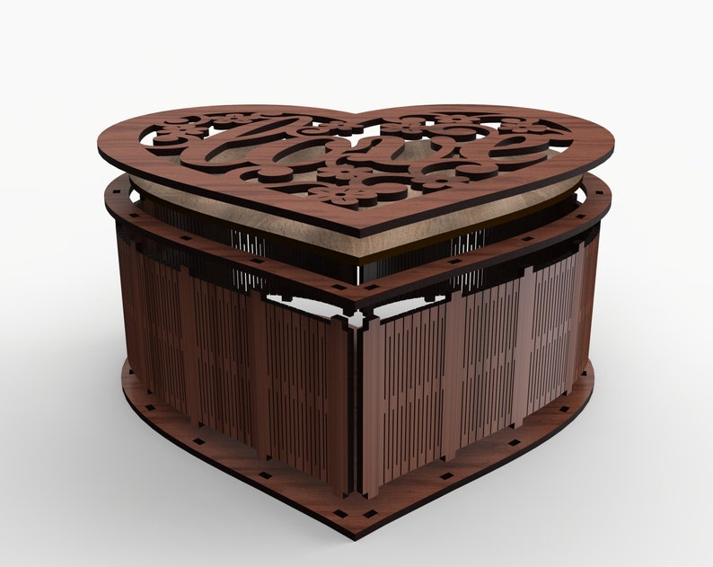 May include: A wooden heart-shaped box with a cutout design of the word "love" and floral accents. The box is open and the lid is resting on top.