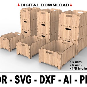 Caja de almacenamiento de archivos svg de corte láser, 3 archivos svg de caja de madera apilables de diferentes tamaños para máquinas láser, archivos vectoriales para corte láser de madera