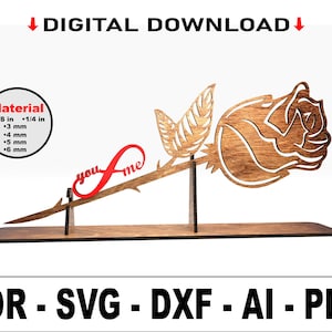 Rosa de madera cortada con láser con soporte, regalo de flores para el día de San Valentín para niña, decoración romántica para el hogar, archivos SVG de descarga instantánea, You & Me