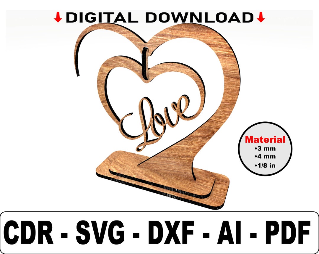 Valentine's Day Wooden Heart With Stand Laser Cut SVG Files - Gifts for ...