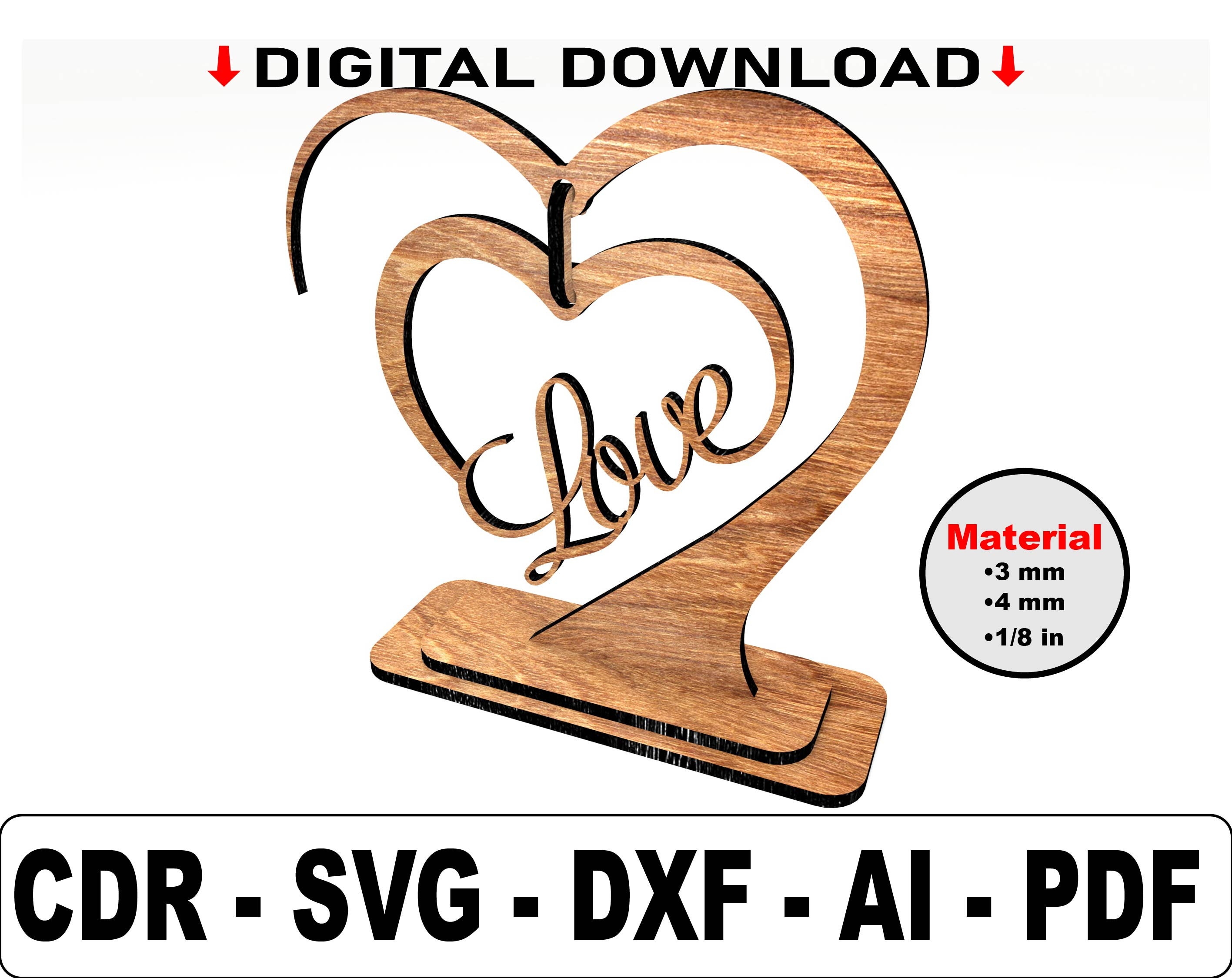 Valentine's Day Wooden Heart with Stand Laser Cut SVG Files - Gifts for Girls Who Love Signs - Valentine's Day Gift - Instant Download