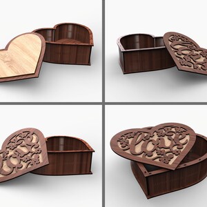 May include: A wooden heart-shaped box with a lid that has a cutout design of the word "love" with floral accents. The box is closed in one image and open in the other three images.
