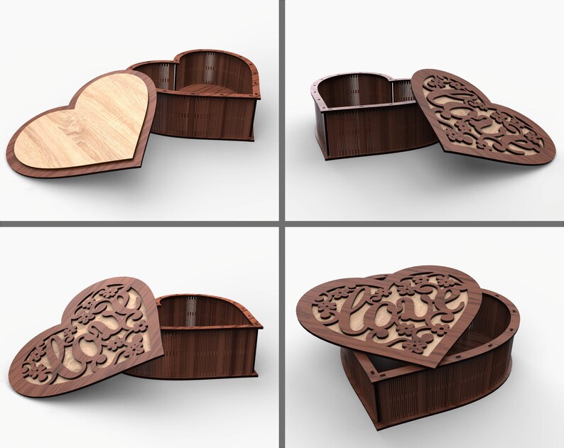 May include: A wooden heart-shaped box with a lid that has a cutout design of the word "love" with floral accents. The box is closed in one image and open in the other three images.