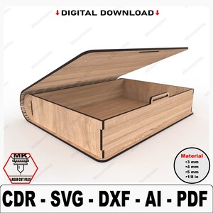 May include: A digital download of a laser cut file for a wooden box with a hinged lid. The box is made of wood and has a natural wood finish. The file is available in CDR, SVG, DXF, AI, and PDF formats. The file is for personal use only.