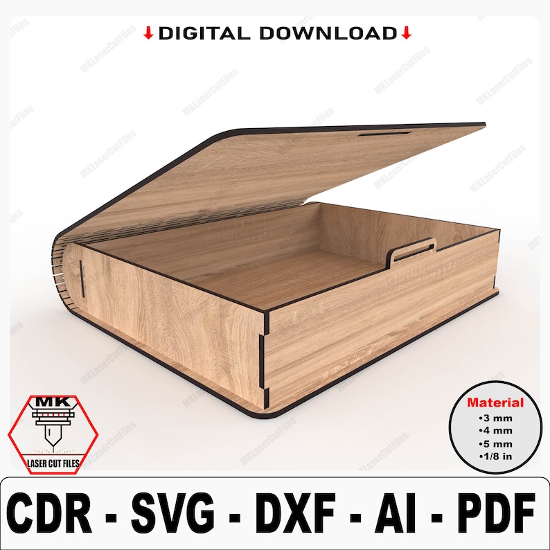 May include: A digital download of a laser cut file for a wooden box with a hinged lid. The box is made of wood and has a natural wood finish. The file is available in CDR, SVG, DXF, AI, and PDF formats. The file is for personal use only.