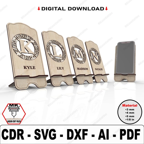 Phone Stand Laser Cut Svg Files | 26 Letters Vector Files For Laser Cutting | Phone Holder Files for Glowforge and Other Laser Machines