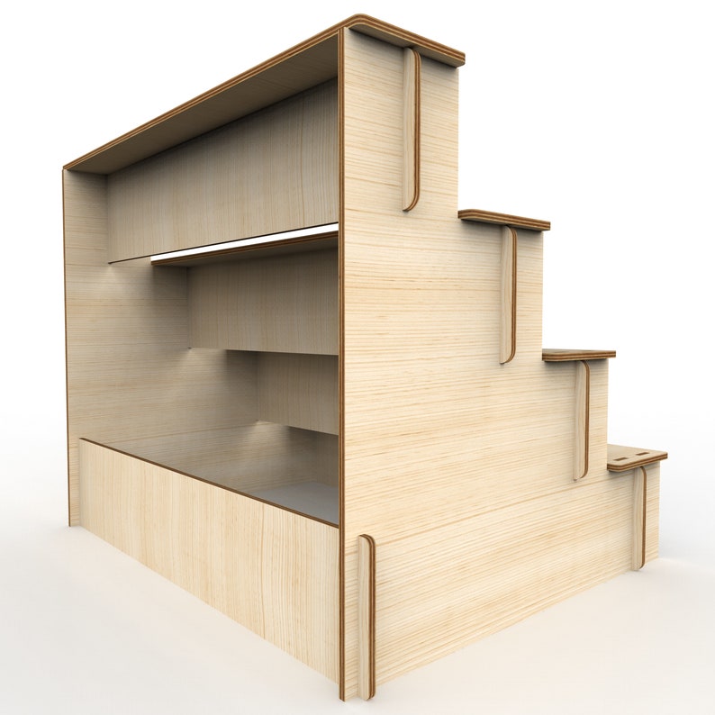 K&ouml;nnte beinhalten: Ein Holzregal mit integrierter Treppe. Das Regal hat drei Regalb&ouml;den und einen unteren Stauraum. Die Treppe hat drei Stufen.