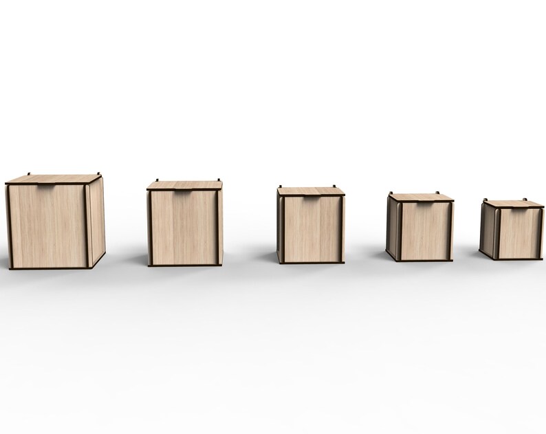 Op de afbeelding: Vijf houten dozen van verschillende groottes met deksels. De dozen zijn gemaakt van lichtbruin hout met donkerbruine afwerking. De dozen zijn in een rij gerangschikt van de grootste tot de kleinste.