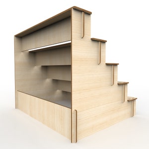 K&ouml;nnte beinhalten: Ein Holzregal mit integrierter Treppe. Das Regal hat drei Regalbretter und die Treppe hat vier Stufen. Die Einheit ist aus hellem Holz gefertigt und hat eine nat&uuml;rliche Oberfl&auml;che.