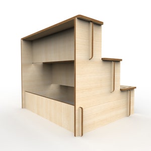 K&ouml;nnte beinhalten: Ein Holztritt mit drei Stufen und einem Regal. Der Hocker ist aus hellem Holz und hat eine nat&uuml;rliche Oberfl&auml;che.
