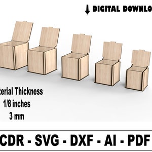 Fichier SVG découpé au laser, 5 boîtes cadeau décoratives de tailles différentes pour fichiers découpés au laser, boîte à bijoux avec couvercle, fichiers vectoriels pour la découpe laser du bois