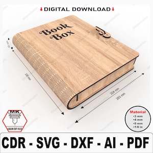 May include: A laser cut file design for a wooden book box. The box is 13.38 inches long, 8.78 inches wide, and 1.77 inches tall. The design includes a lock and keyhole. The file is available in CDR, SVG, DXF, AI, and PDF formats.