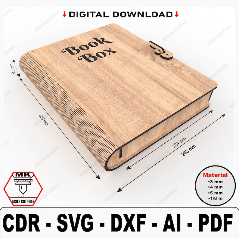 May include: A laser cut file design for a wooden book box. The box is 13.38 inches long, 8.78 inches wide, and 1.77 inches tall. The design includes a lock and keyhole. The file is available in CDR, SVG, DXF, AI, and PDF formats.