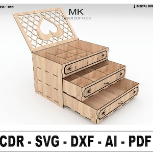 Laser Cut Schmuckschatulle mit Schubladen, Schmuckschatulle für Frauen, Geschenkbox aus Holz, Vektordateien für Holzlaserschneidedatei